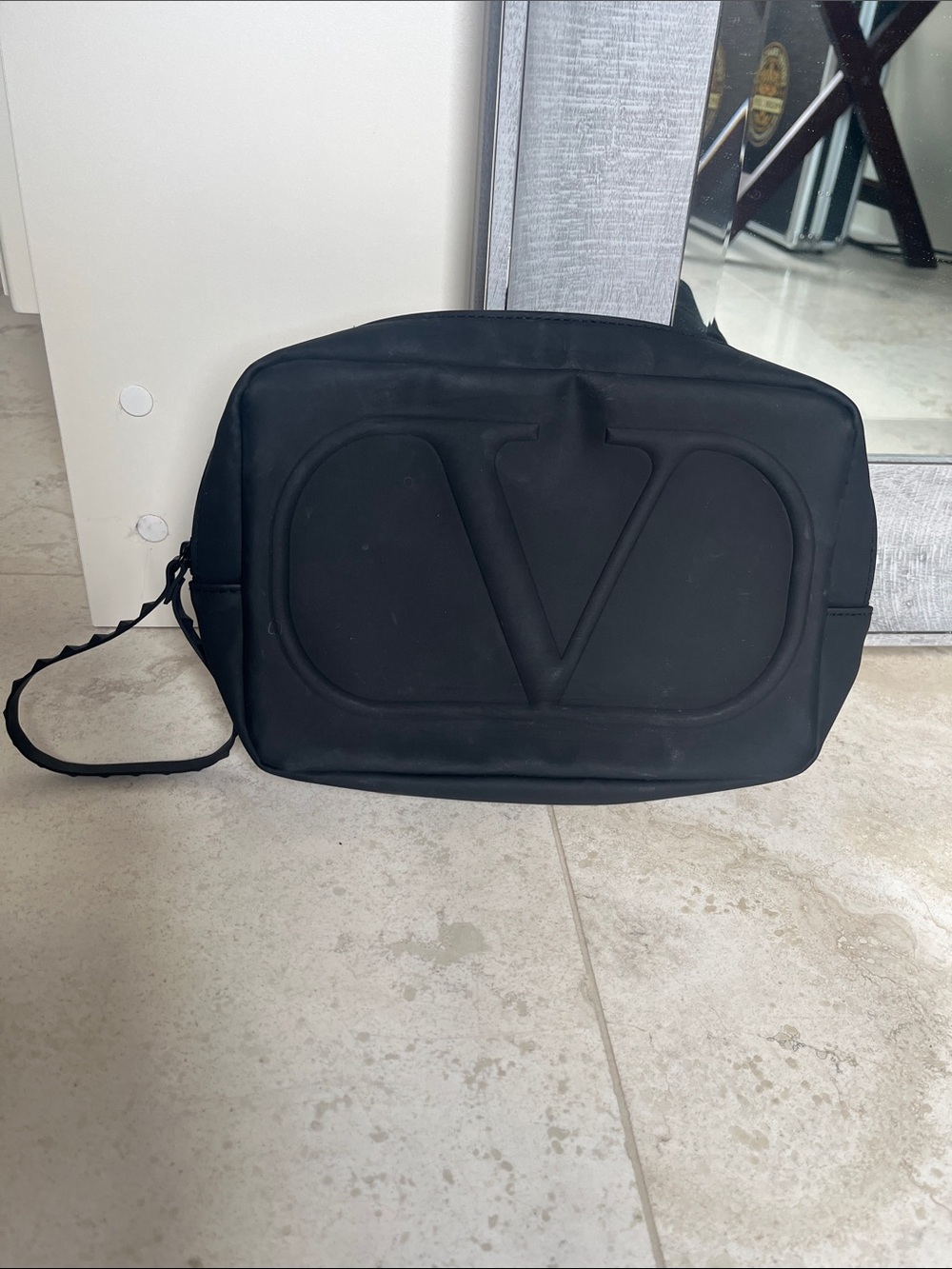 Valentino Black Rubber V-Logo Toiletry Bag